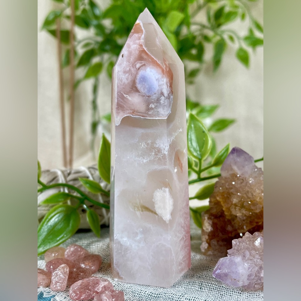 2538 Pink Flower Agate with Quartz Crystal Tower